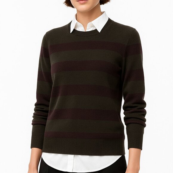 Calvin Klein Women's Sweater Crew Neck Merino Wool Stripe Soft Olive Eggplant L - Picture 1 of 11